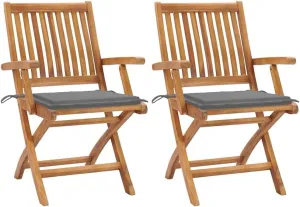 Solid Teak Wood Patio Chairs with Gray Cushions 2 Pack Foldable Outdoor Furniture for Backyard Poolside Porch and Sunroom Durable Weather-Resistant Design