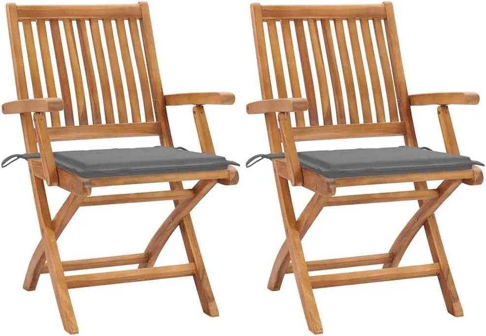 Solid Teak Wood Patio Chairs with Gray Cushions 2 Pack Foldable Outdoor Furniture for Backyard Poolside Porch and Sunroom Durable Weather-Resistant Design
