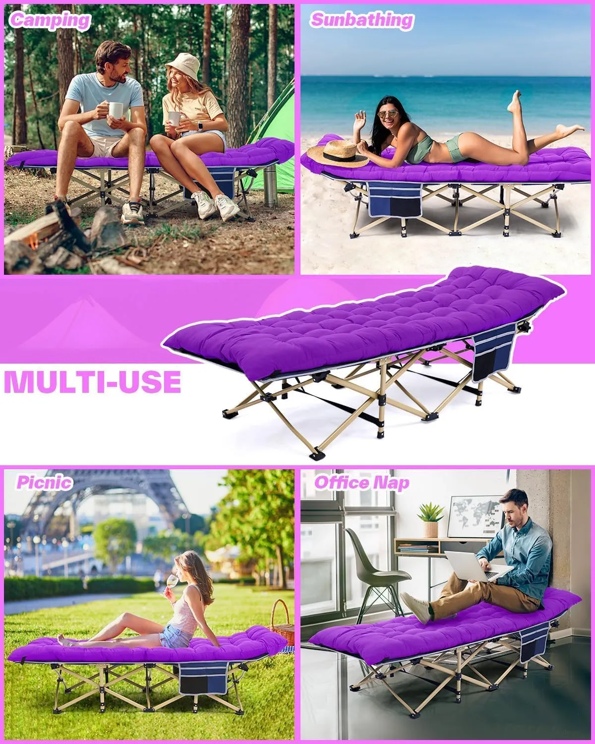 Sportneer Camping Cot, Camping Cots for Adults with Mattress Max Load 450 LBS Heavy Duty Portable Sleeping Folding Bed with Padded for Camping Tent Office Outdoor Travel Sleep Over (1, Blue Purple)