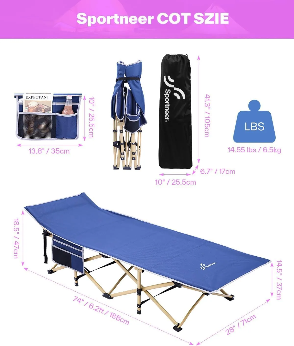 Sportneer Camping Cot, Camping Cots for Adults with Mattress Max Load 450 LBS Heavy Duty Portable Sleeping Folding Bed with Padded for Camping Tent Office Outdoor Travel Sleep Over (1, Blue Purple)