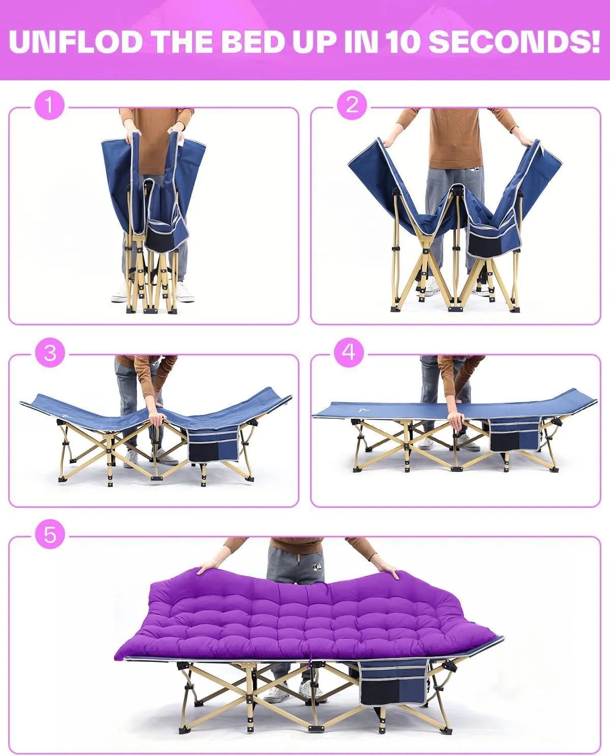 Sportneer Camping Cot, Camping Cots for Adults with Mattress Max Load 450 LBS Heavy Duty Portable Sleeping Folding Bed with Padded for Camping Tent Office Outdoor Travel Sleep Over (1, Blue Purple)