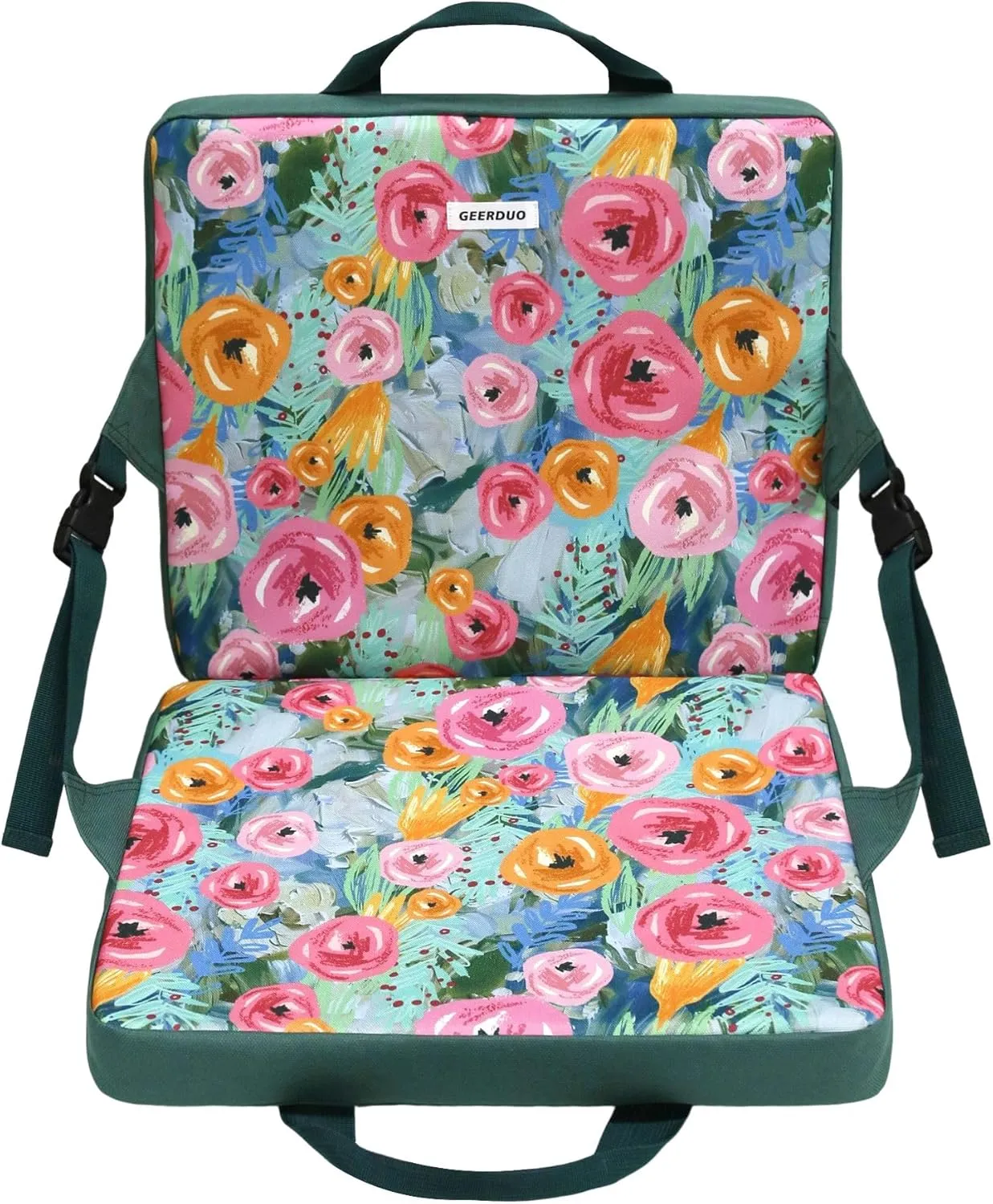 Stadium Seat Foldable with Back Support Chair Cushion Portable for Bleacher Seating Pad Thick Floral Soft with Handle for Sports Events Hiking Fishing Camping Concerts (Green Floral)
