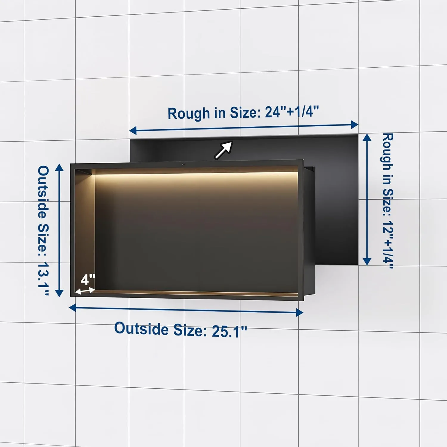 Stainless Steel Shower Niche 24" X 12", No Tile Needed Wall Niche with Non-Dimmable Led Strip &Motion Sensor, Recessed Niche Shower for Bathroom Storage Over Mount Installation, Matte Black