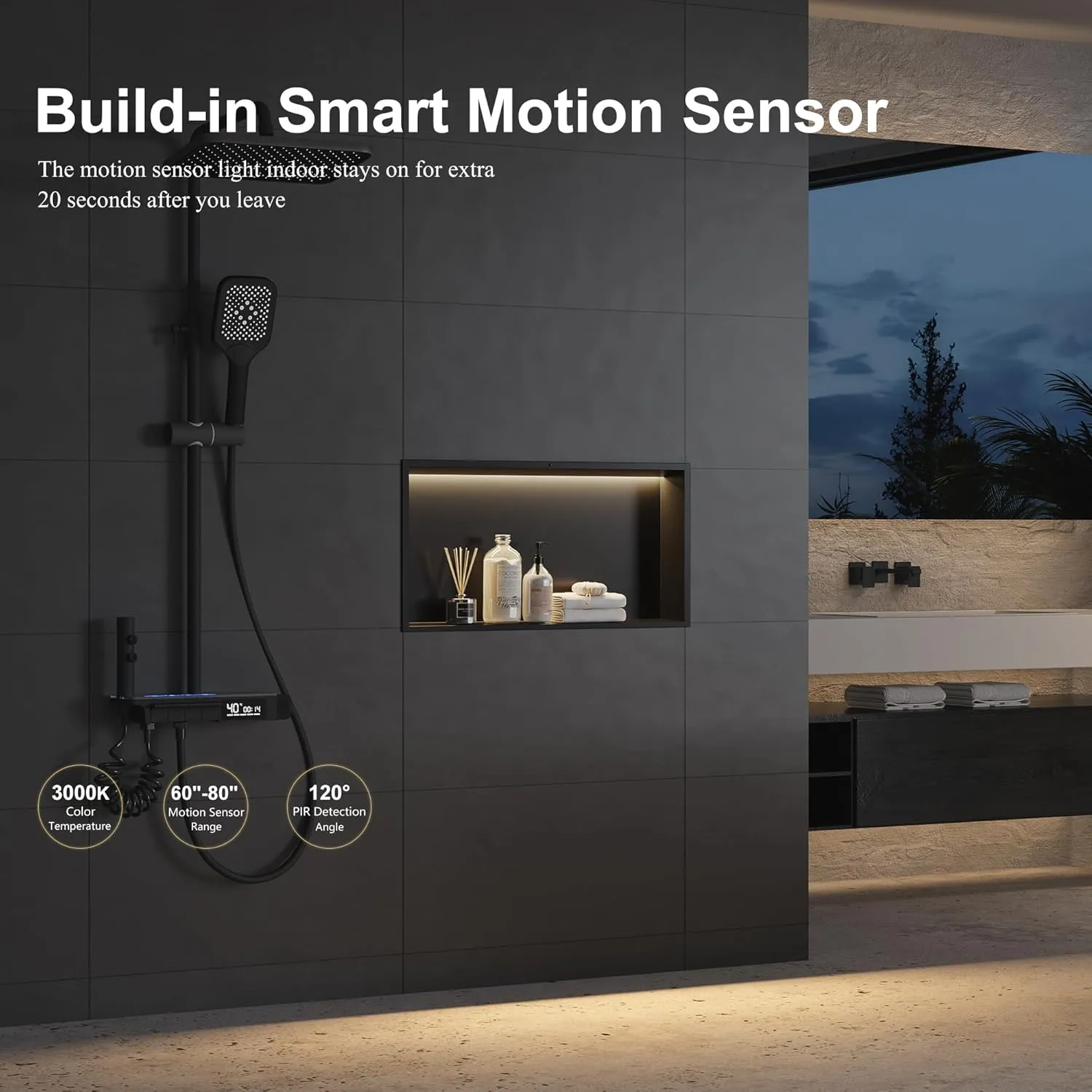 Stainless Steel Shower Niche 24" X 12", No Tile Needed Wall Niche with Non-Dimmable Led Strip &Motion Sensor, Recessed Niche Shower for Bathroom Storage Over Mount Installation, Matte Black