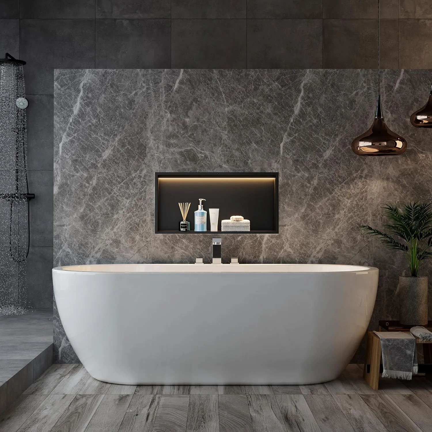 Stainless Steel Shower Niche 24" X 12", No Tile Needed Wall Niche with Non-Dimmable Led Strip &Motion Sensor, Recessed Niche Shower for Bathroom Storage Over Mount Installation, Matte Black