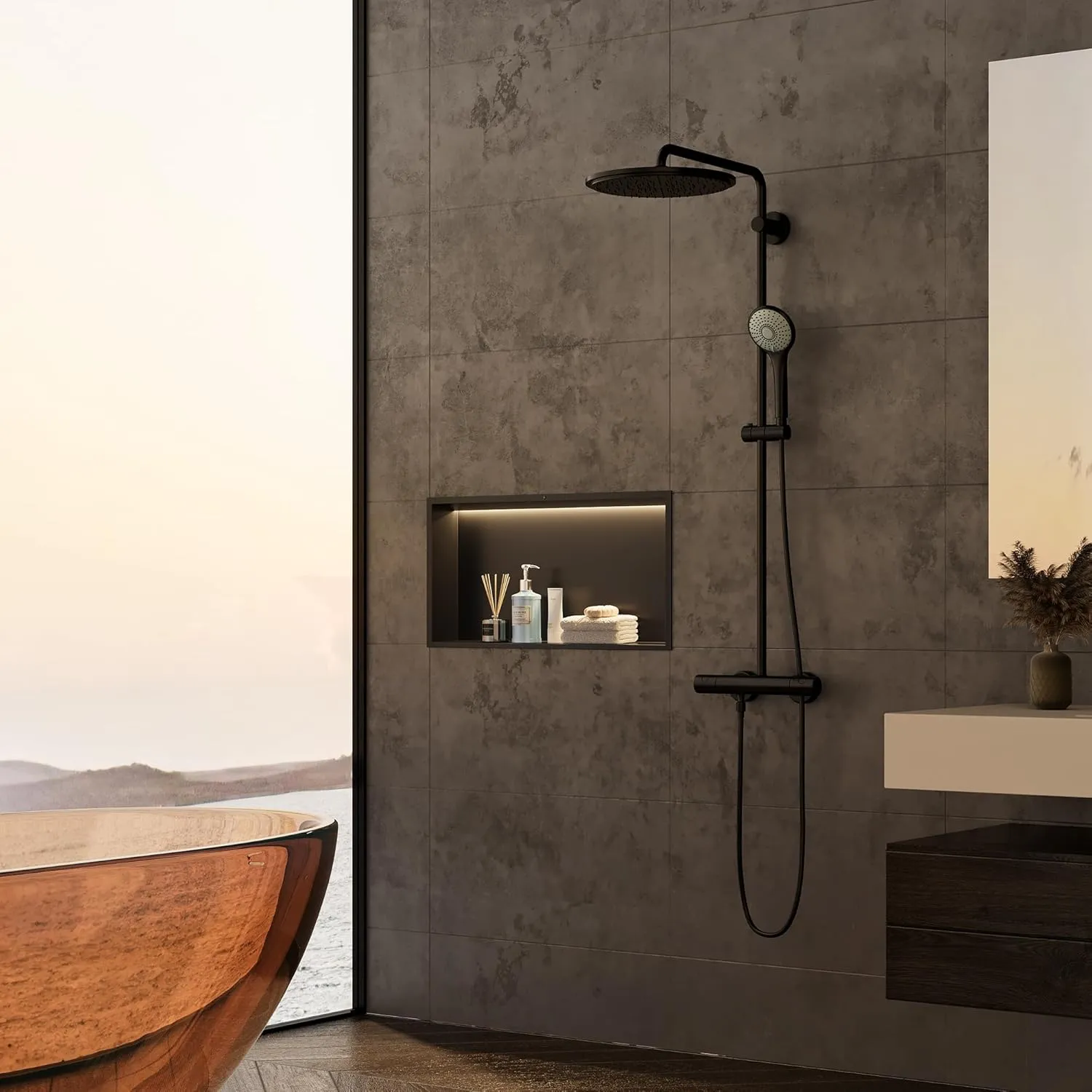 Stainless Steel Shower Niche 24" X 12", No Tile Needed Wall Niche with Non-Dimmable Led Strip &Motion Sensor, Recessed Niche Shower for Bathroom Storage Over Mount Installation, Matte Black