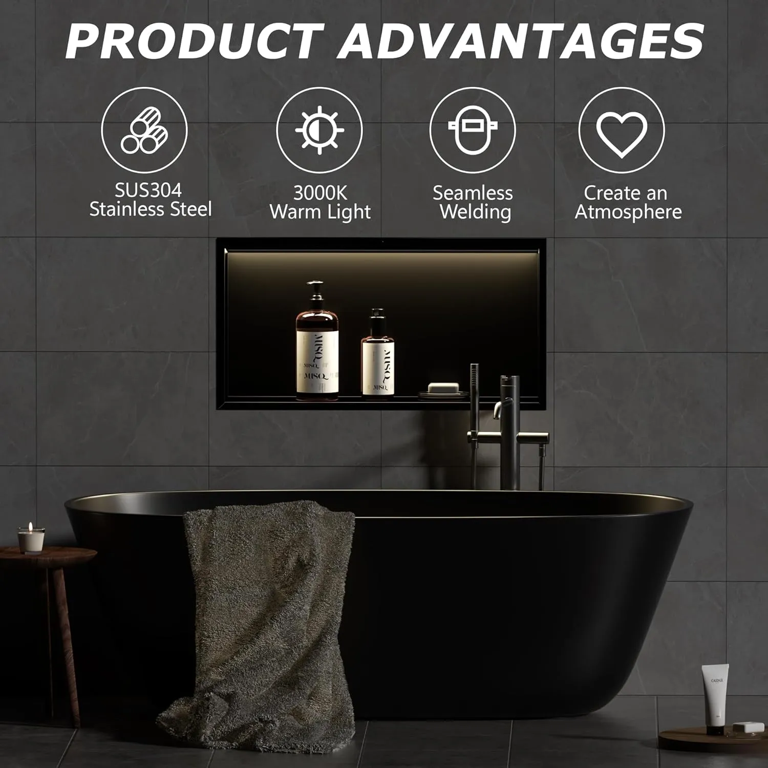 Stainless Steel Shower Niche 24" X 12", No Tile Needed Wall Niche with Non-Dimmable Led Strip &Motion Sensor, Recessed Niche Shower for Bathroom Storage Over Mount Installation, Matte Black