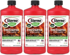 Sterno Fire Starter, Ethanol Green Firestarter Instant Flame Gel - Ultra-Concentrated Fuel for Camp Fire or Fireplace - All-Weather Ethanol Burner for Indoor & Outdoor - 16 Oz Each, Pack of 3 Bottles