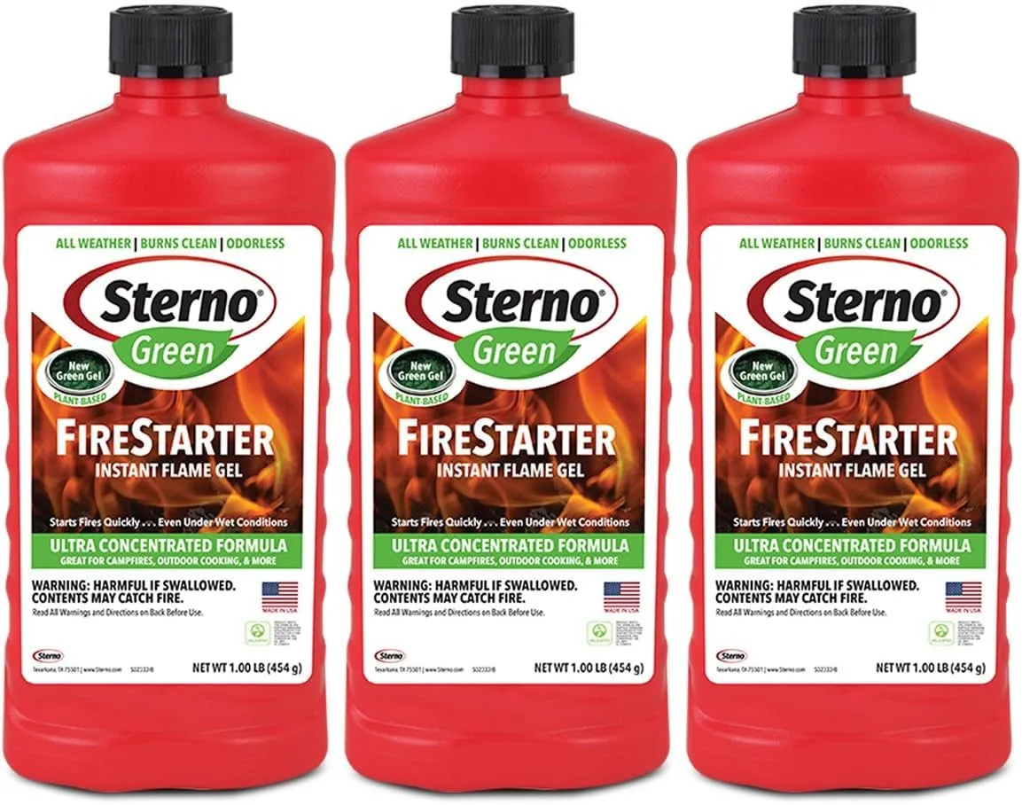 Sterno Fire Starter, Ethanol Green Firestarter Instant Flame Gel - Ultra-Concentrated Fuel for Camp Fire or Fireplace - All-Weather Ethanol Burner for Indoor & Outdoor - 16 Oz Each, Pack of 3 Bottles