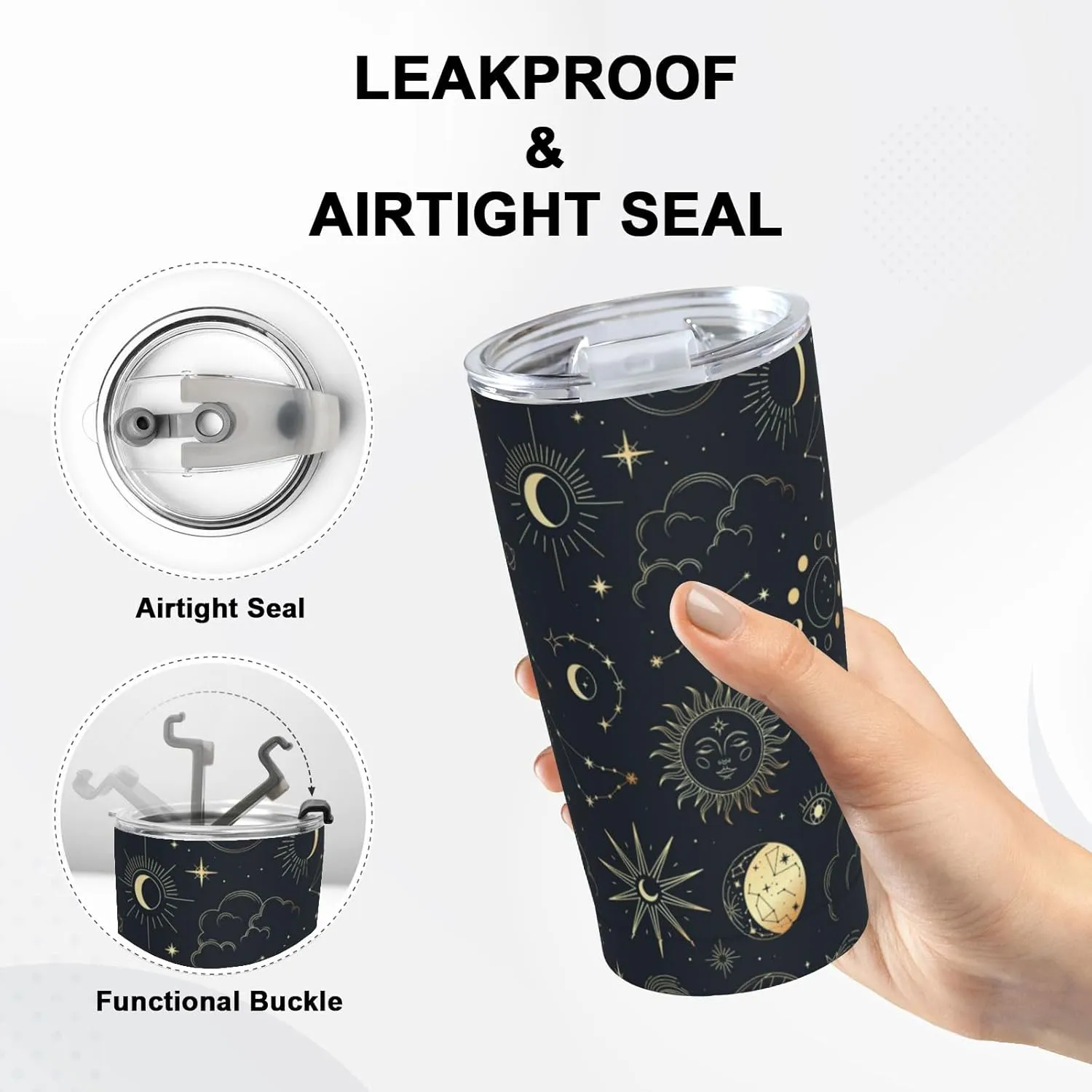 Sun and Moon Goth Tumbler, Magic Eyes Astrolabe Stainless Steel Thermal Vacuum Insulated Travel Mug with Lid 20 Oz, Holiday Birthday Christmas Gift for Dad Mom Friend BFF Sister