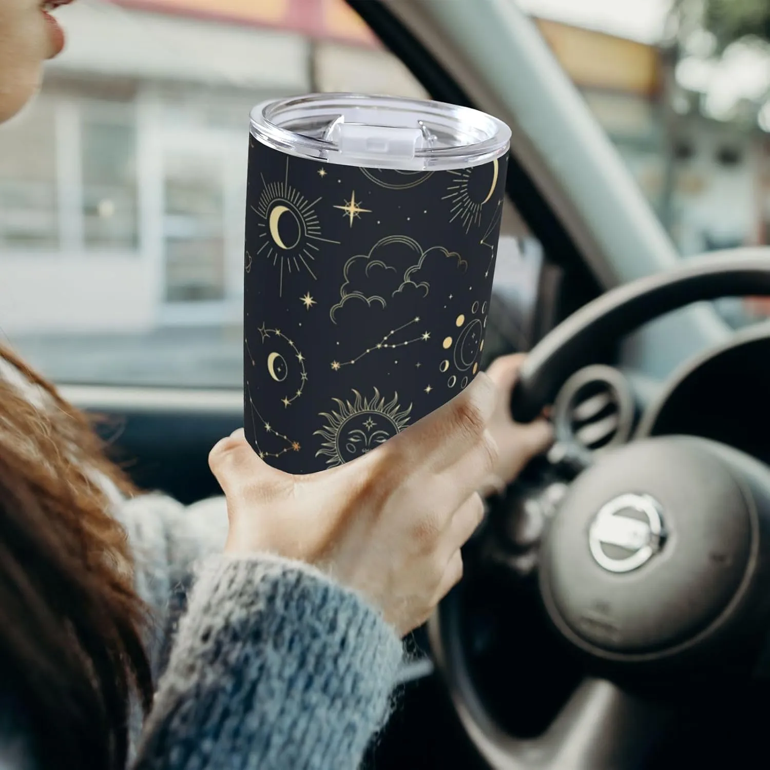 Sun and Moon Goth Tumbler, Magic Eyes Astrolabe Stainless Steel Thermal Vacuum Insulated Travel Mug with Lid 20 Oz, Holiday Birthday Christmas Gift for Dad Mom Friend BFF Sister