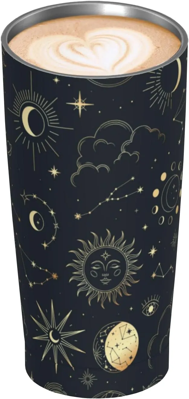 Sun and Moon Goth Tumbler, Magic Eyes Astrolabe Stainless Steel Thermal Vacuum Insulated Travel Mug with Lid 20 Oz, Holiday Birthday Christmas Gift for Dad Mom Friend BFF Sister