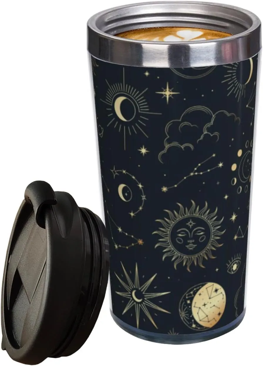 Sun Moon and Star Travel Coffee Mug, Magic Eye Astrolabe Stainless Steel Thermal Insulated Tumbler Cup with Lid, Thanksgiving Christmas Birthday for Men Women Friend Bestie Sister, 13 Oz