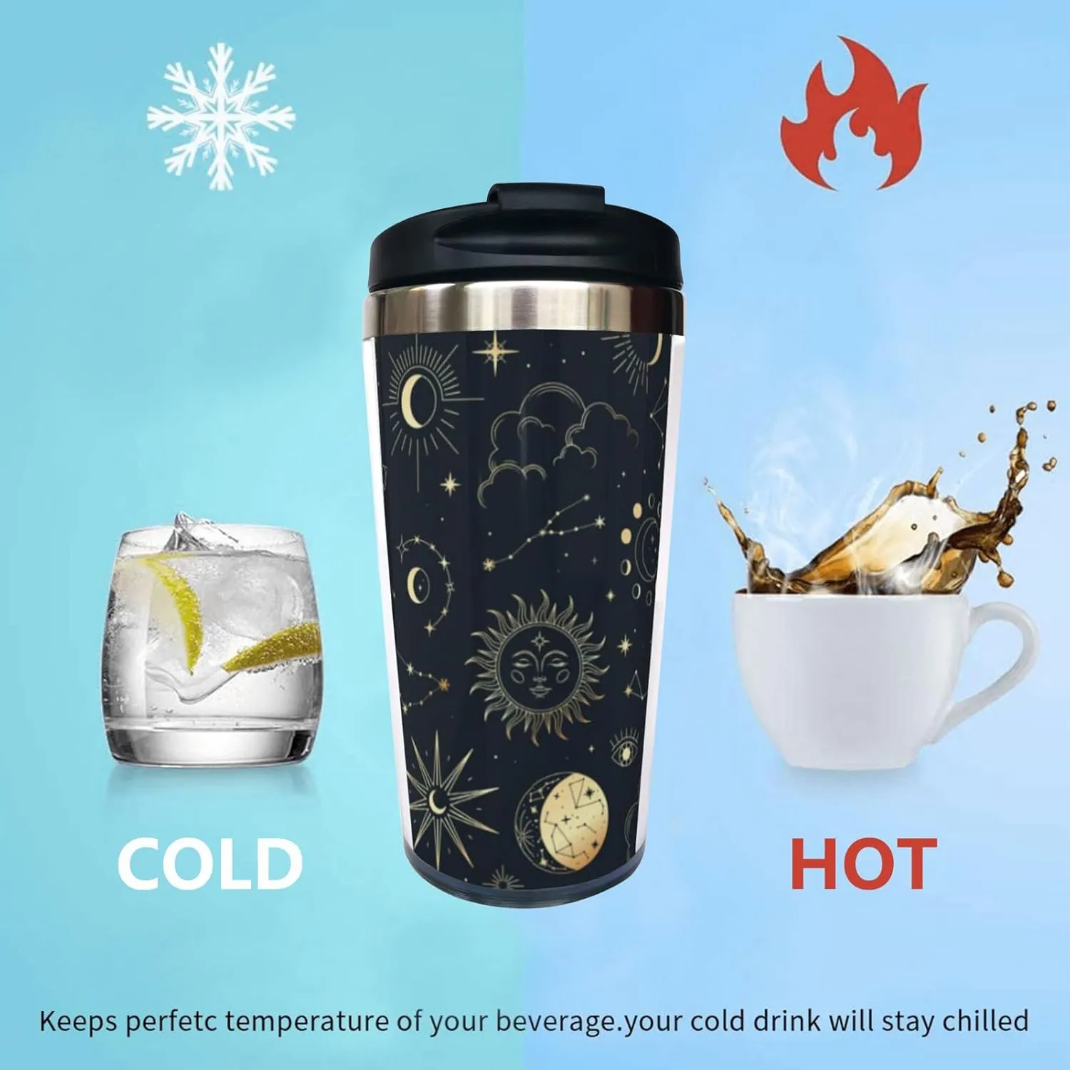 Sun Moon and Star Travel Coffee Mug, Magic Eye Astrolabe Stainless Steel Thermal Insulated Tumbler Cup with Lid, Thanksgiving Christmas Birthday for Men Women Friend Bestie Sister, 13 Oz