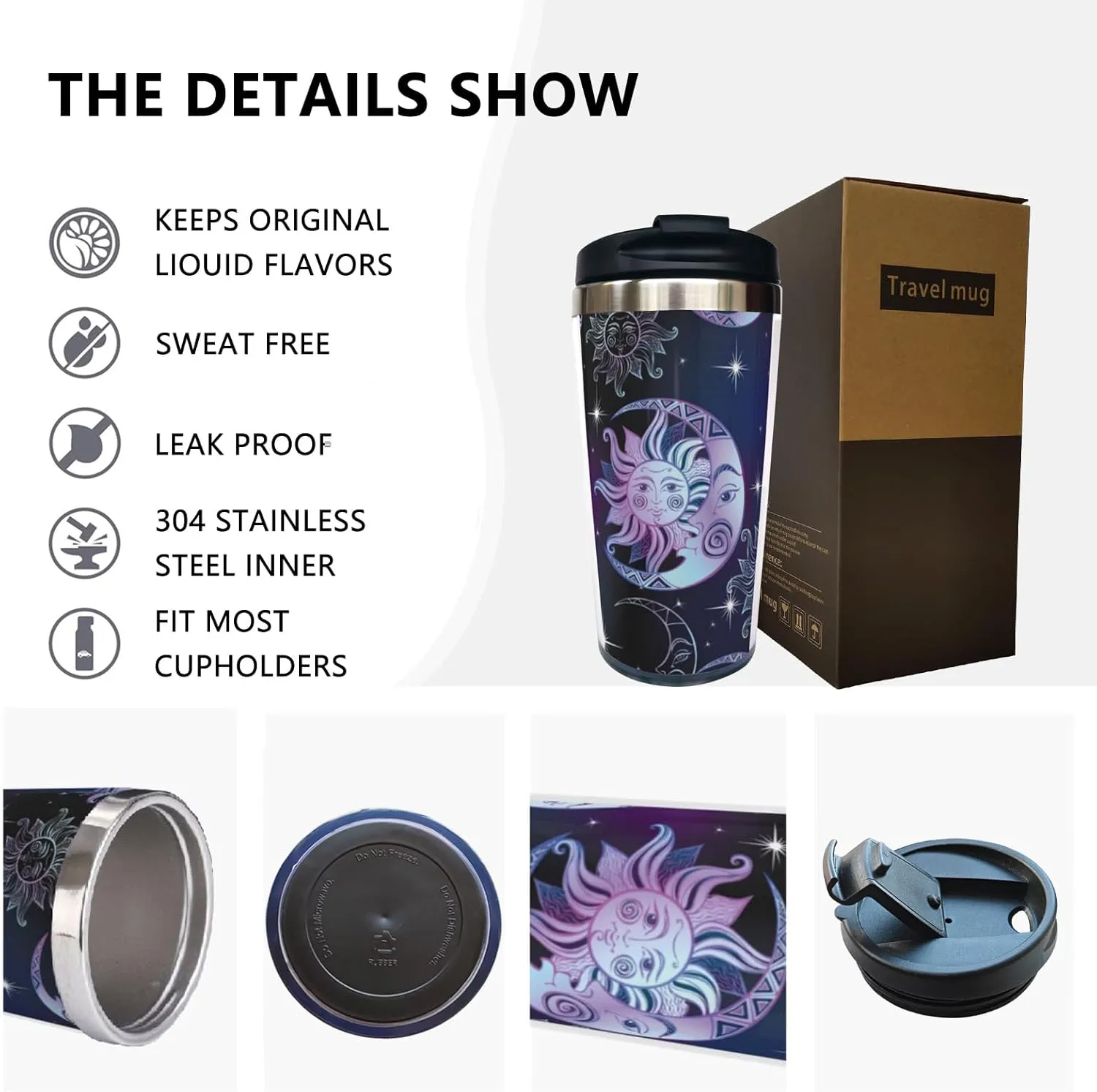 Sun Moon and Stars Travel Coffee Mug, Funny Stainless Steel Thermal Insulated Tumbler Cup with Filp Lid, Holiday Christmas Birthday Gift for Men Women Friend Sister, 13 Oz