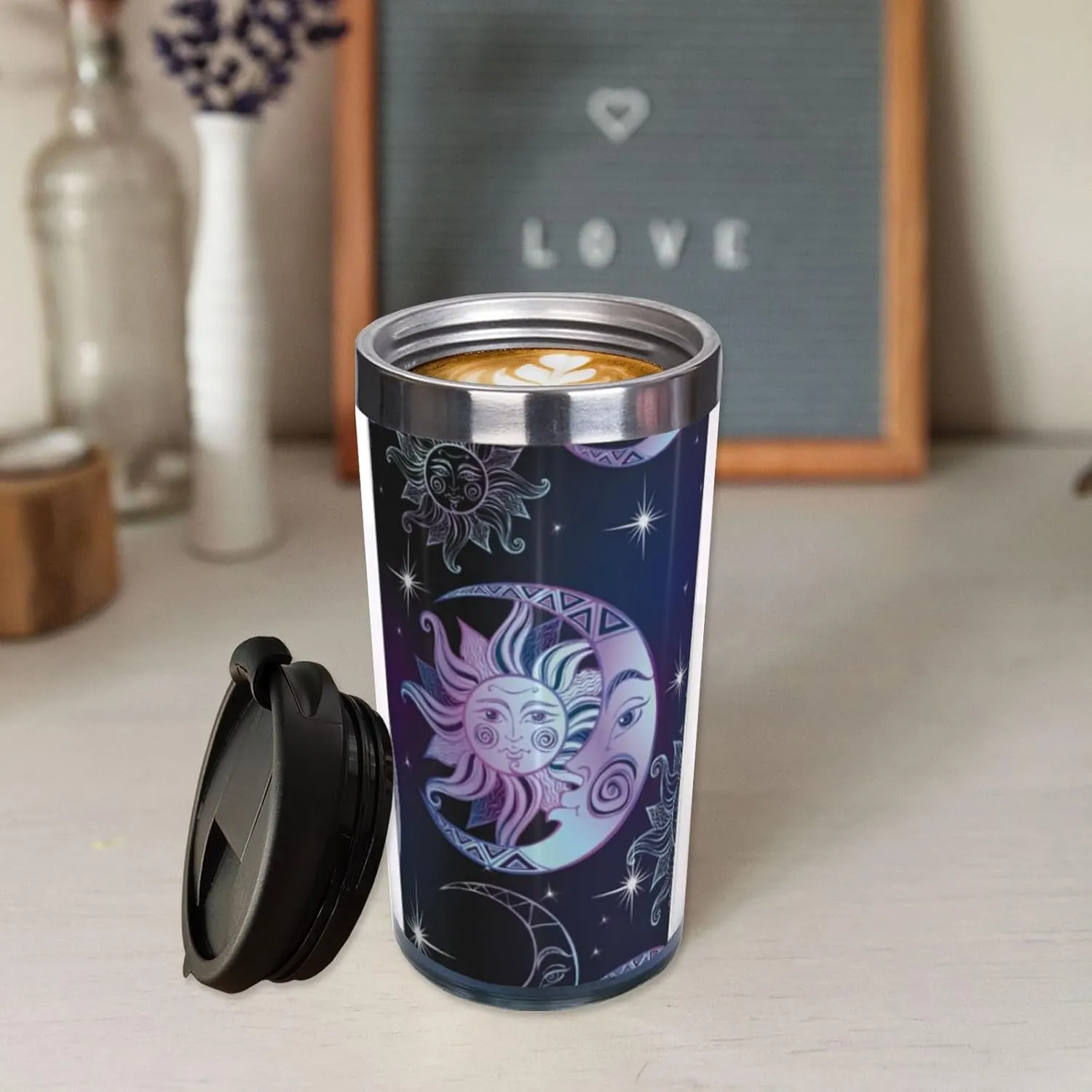 Sun Moon and Stars Travel Coffee Mug, Funny Stainless Steel Thermal Insulated Tumbler Cup with Filp Lid, Holiday Christmas Birthday Gift for Men Women Friend Sister, 13 Oz