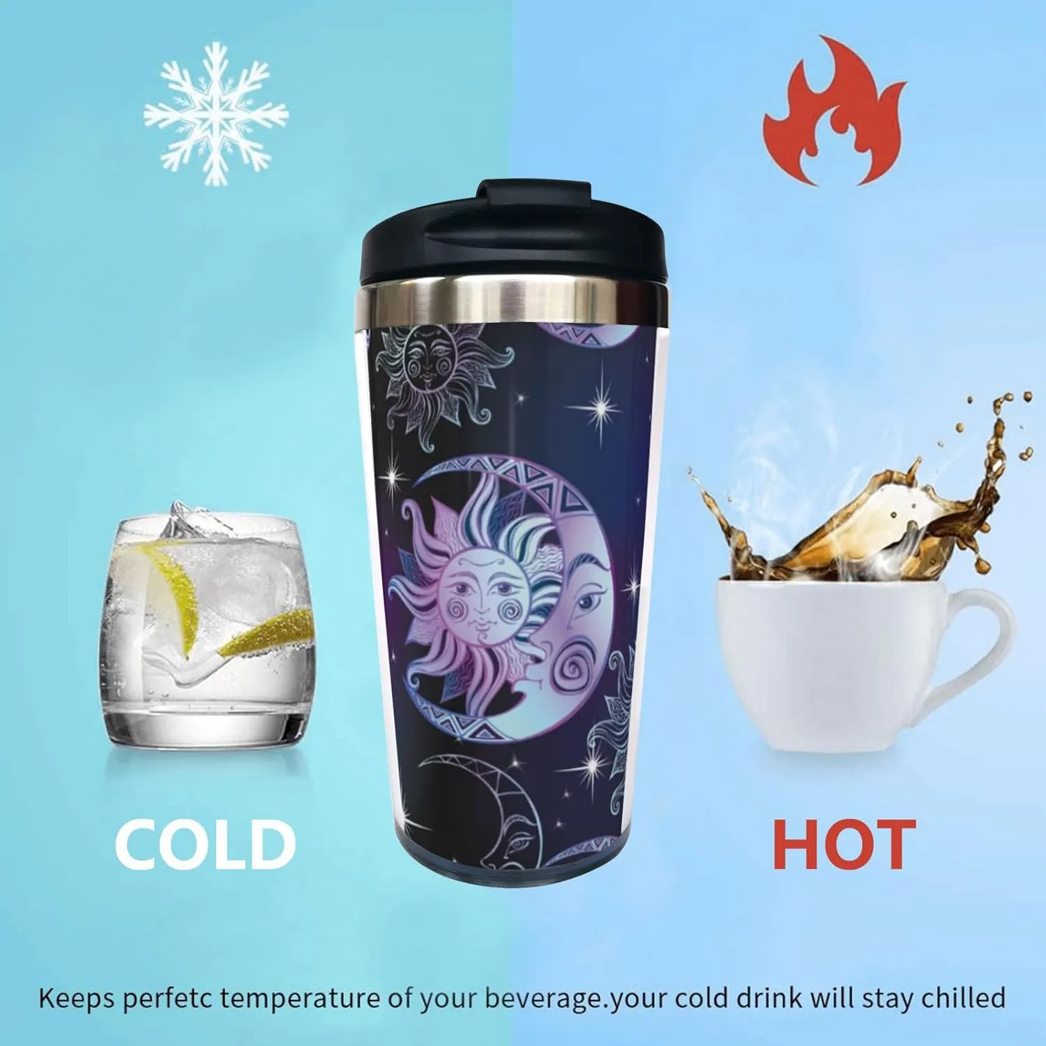 Sun Moon and Stars Travel Coffee Mug, Funny Stainless Steel Thermal Insulated Tumbler Cup with Filp Lid, Holiday Christmas Birthday Gift for Men Women Friend Sister, 13 Oz