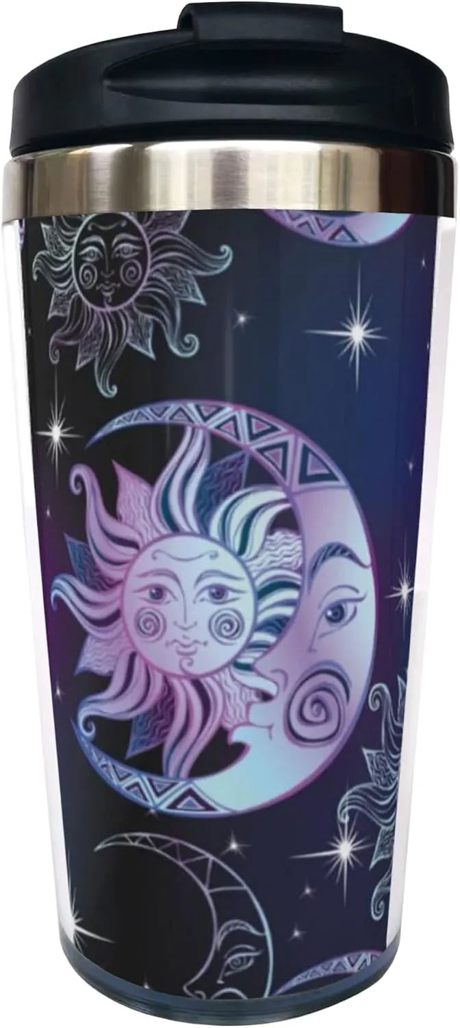 Sun Moon and Stars Travel Coffee Mug, Funny Stainless Steel Thermal Insulated Tumbler Cup with Filp Lid, Holiday Christmas Birthday Gift for Men Women Friend Sister, 13 Oz