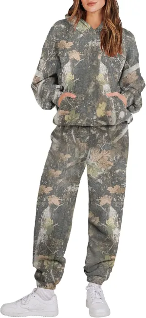 Sweat Suits for Womens Camo Hoodie 2 Piece Long Sleeve Camo Sweatshirt Wide Leg Sweatpants Track Suit Y2k Hoodies