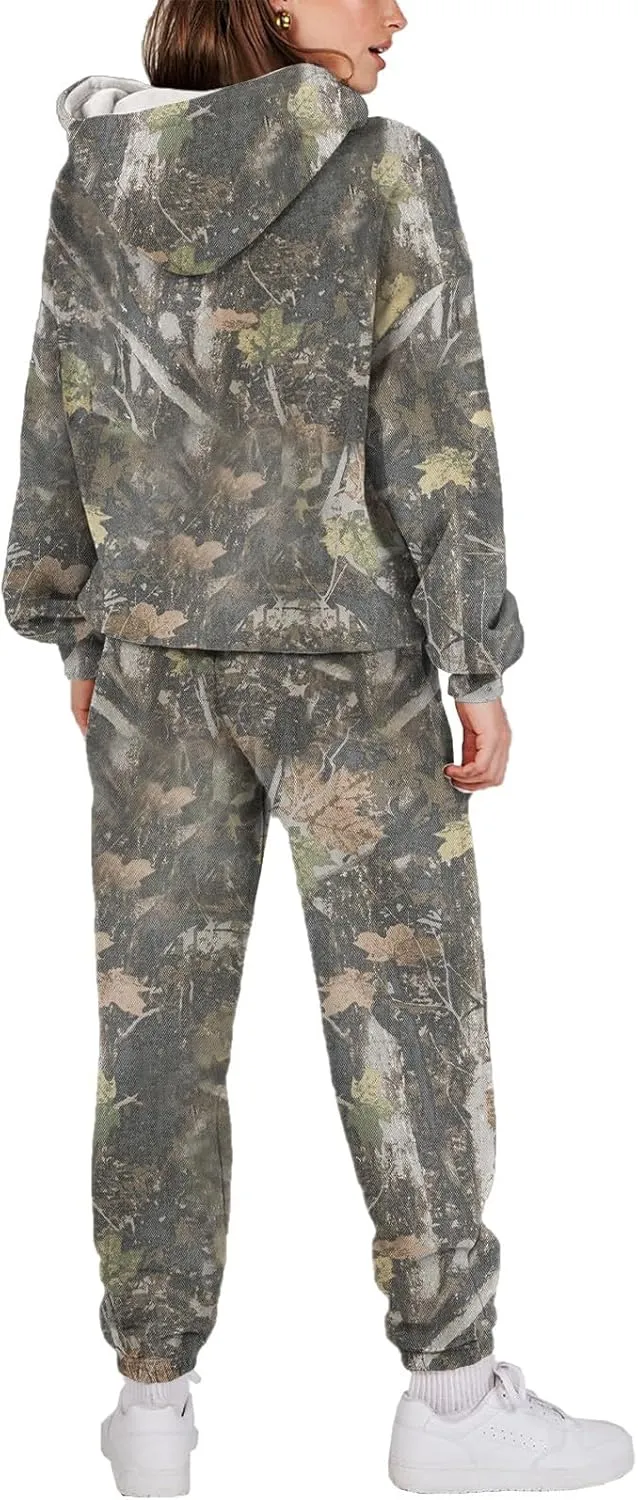 Sweat Suits for Womens Camo Hoodie 2 Piece Long Sleeve Camo Sweatshirt Wide Leg Sweatpants Track Suit Y2k Hoodies