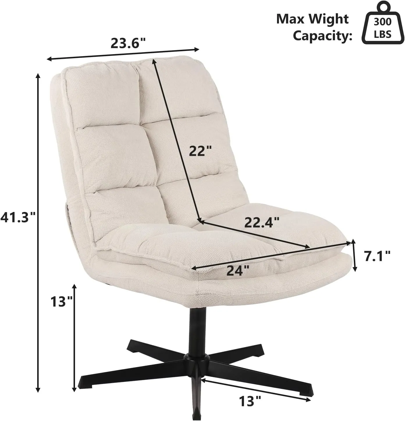 Swivel Accent Chair, Mid Century Modern Upholstered Lounge Chair with 360 Degree Swiveling, Comfy Armless Criss Cross Chairs with High Back, Single Sofa Chairs for Living Room Bedroom, Beige