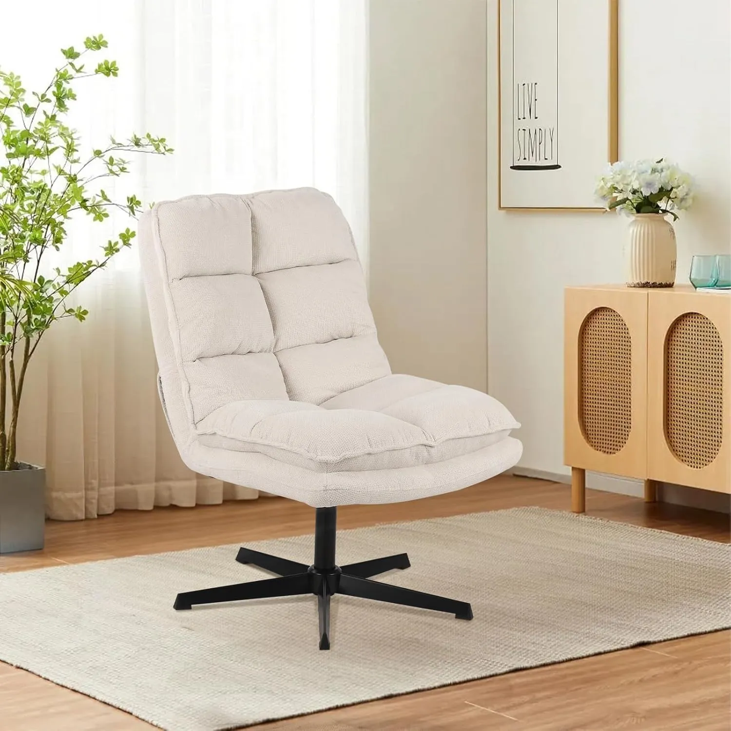Swivel Accent Chair, Mid Century Modern Upholstered Lounge Chair with 360 Degree Swiveling, Comfy Armless Criss Cross Chairs with High Back, Single Sofa Chairs for Living Room Bedroom, Beige