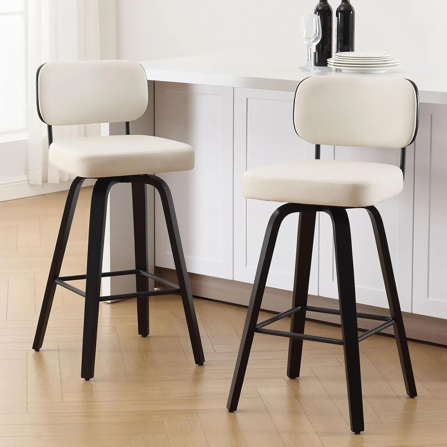 Swivel Bar Height Stools Set of 2, Upholstered Faux Leather Barstools with Back, 29" Seat Height Tall Bar Stools for Kitchen Counter, Black Wood Frame, Cream White