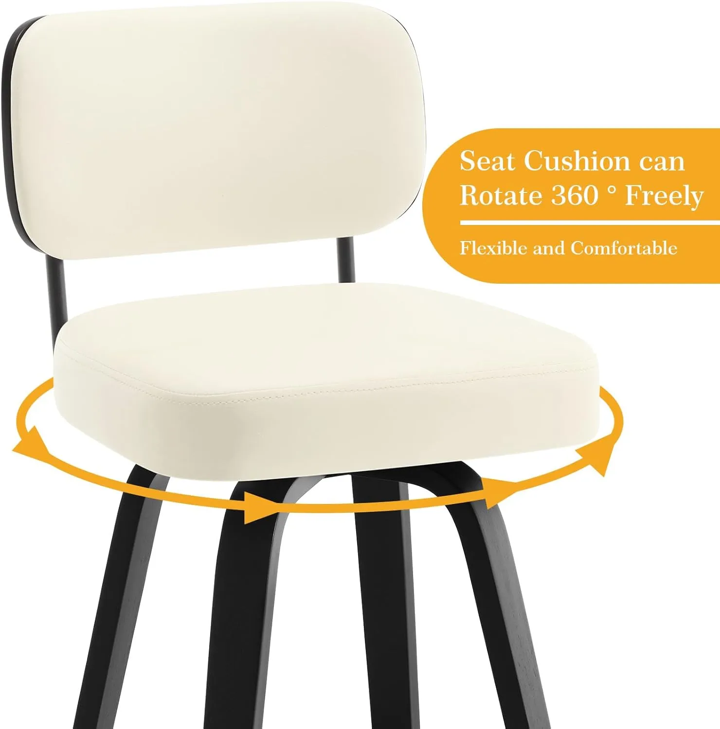 Swivel Bar Height Stools Set of 2, Upholstered Faux Leather Barstools with Back, 29" Seat Height Tall Bar Stools for Kitchen Counter, Black Wood Frame, Cream White