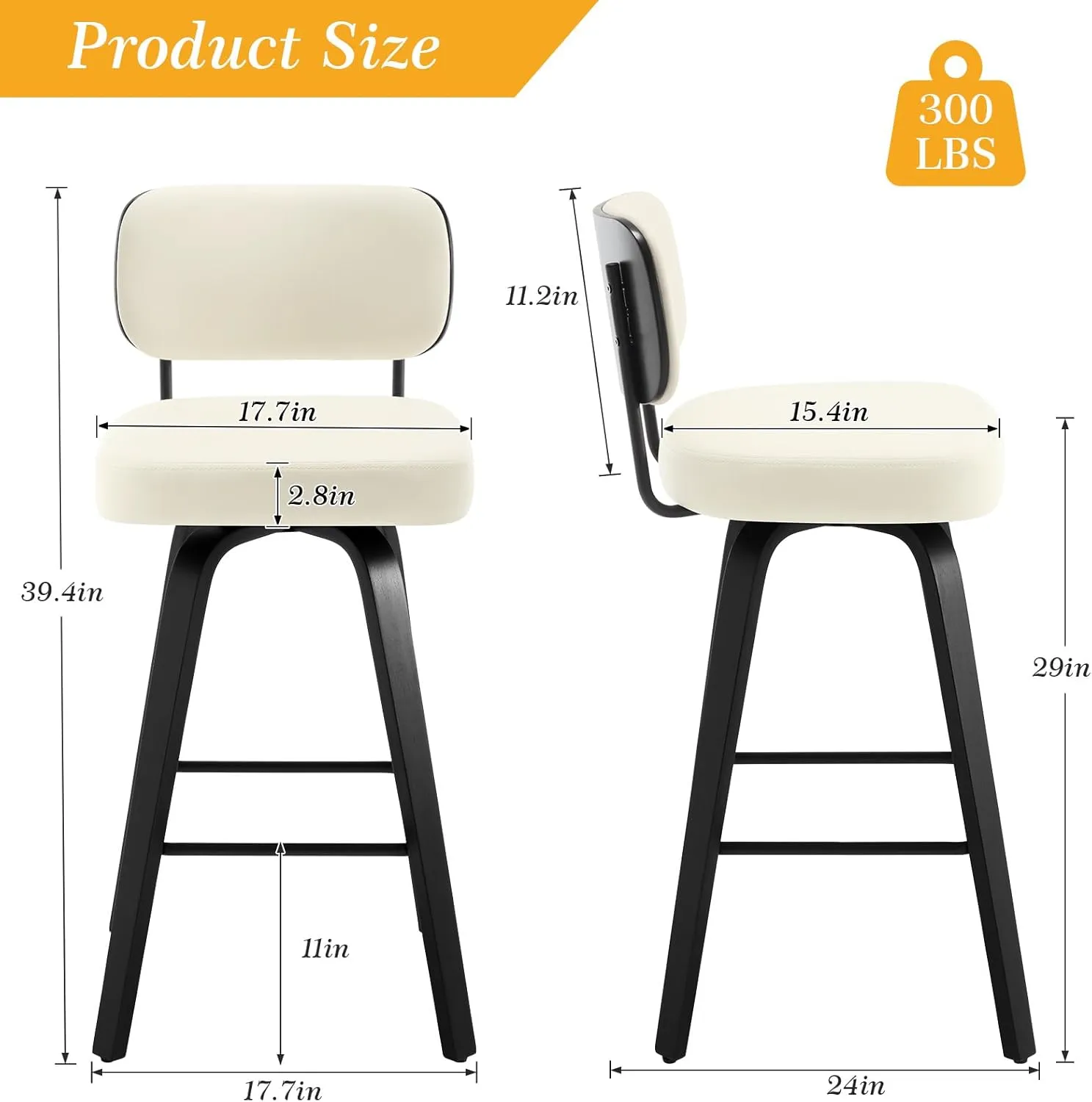 Swivel Bar Height Stools Set of 2, Upholstered Faux Leather Barstools with Back, 29" Seat Height Tall Bar Stools for Kitchen Counter, Black Wood Frame, Cream White