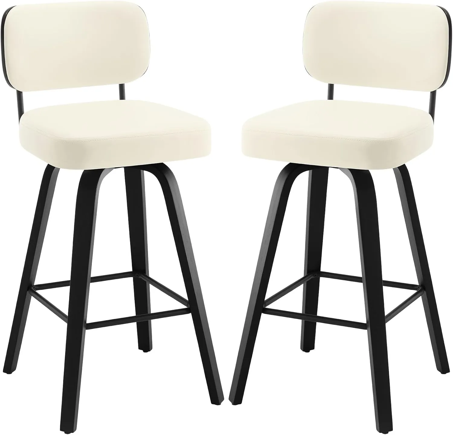 Swivel Bar Height Stools Set of 2, Upholstered Faux Leather Barstools with Back, 29" Seat Height Tall Bar Stools for Kitchen Counter, Black Wood Frame, Cream White