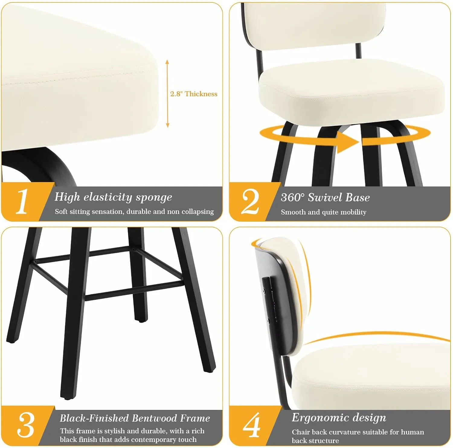 Swivel Bar Height Stools Set of 2, Upholstered Faux Leather Barstools with Back, 29" Seat Height Tall Bar Stools for Kitchen Counter, Black Wood Frame, Cream White