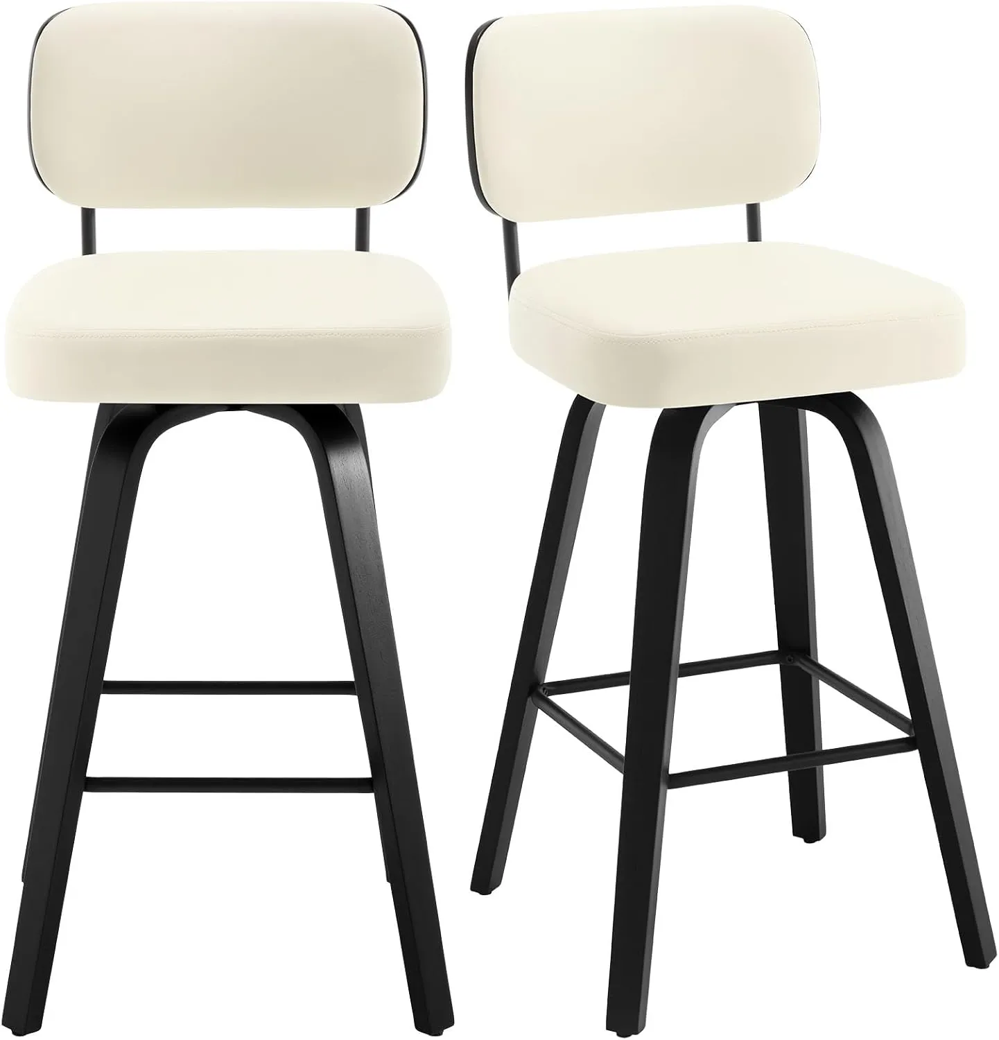 Swivel Bar Height Stools Set of 2, Upholstered Faux Leather Barstools with Back, 29" Seat Height Tall Bar Stools for Kitchen Counter, Black Wood Frame, Cream White