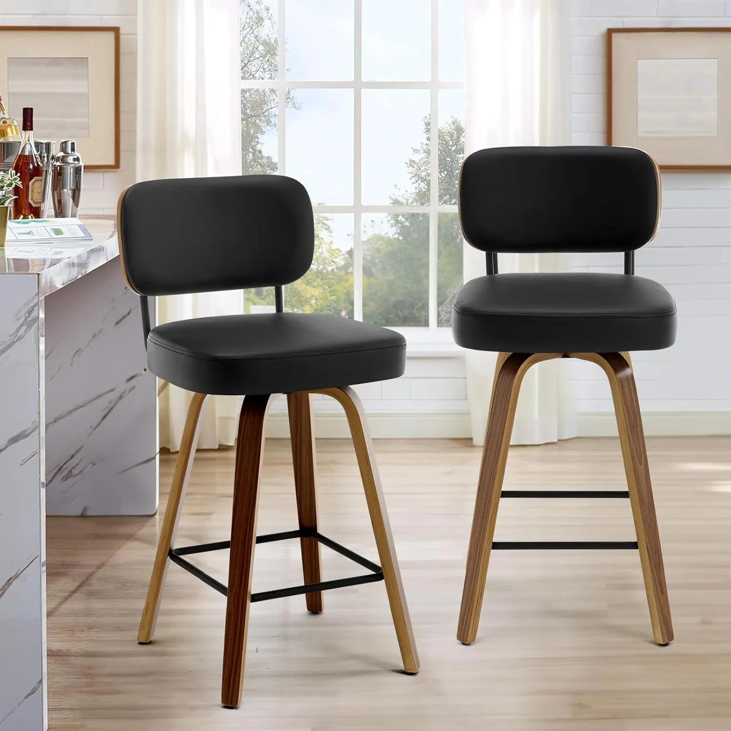 Swivel Counter Height Bar Stools Set of 4, 26" Upholstered Faux Leather Barstools with Back and Bent Wood Legs, Mid Century Modern Bar Chair Island Stool for Kitchen Counter, Black