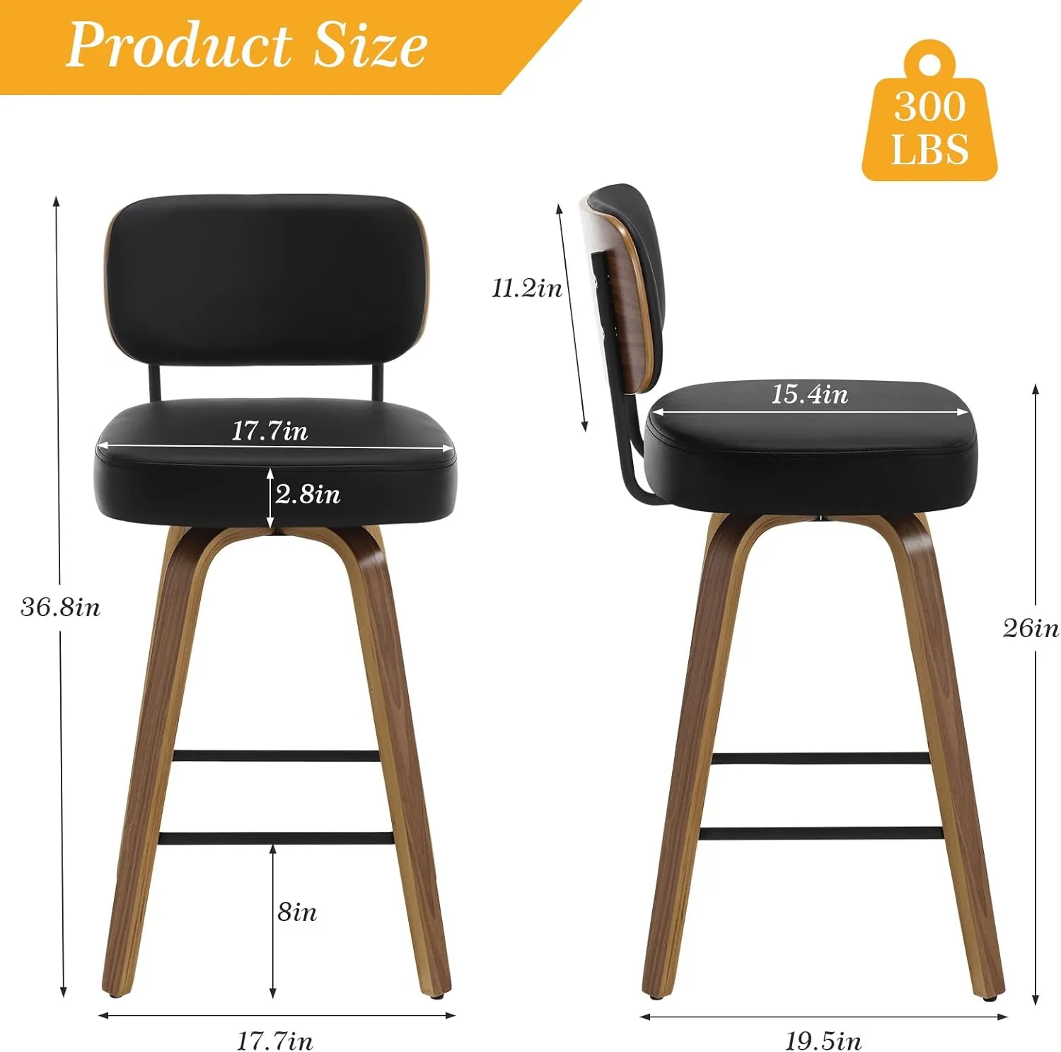 Swivel Counter Height Bar Stools Set of 4, 26" Upholstered Faux Leather Barstools with Back and Bent Wood Legs, Mid Century Modern Bar Chair Island Stool for Kitchen Counter, Black