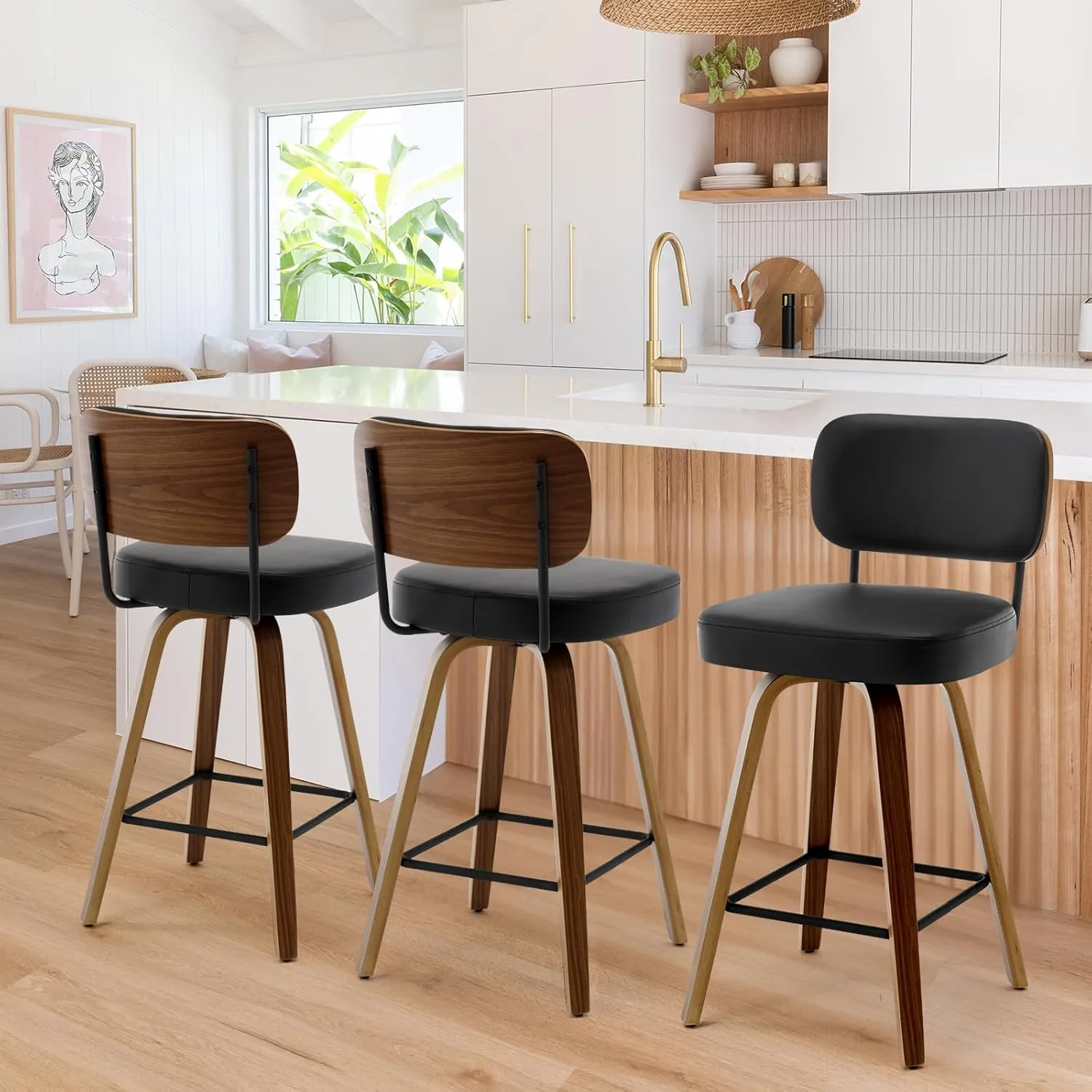 Swivel Counter Height Bar Stools Set of 4, 26" Upholstered Faux Leather Barstools with Back and Bent Wood Legs, Mid Century Modern Bar Chair Island Stool for Kitchen Counter, Black