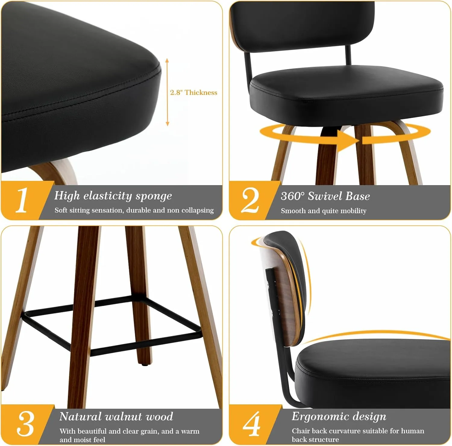 Swivel Counter Height Bar Stools Set of 4, 26" Upholstered Faux Leather Barstools with Back and Bent Wood Legs, Mid Century Modern Bar Chair Island Stool for Kitchen Counter, Black