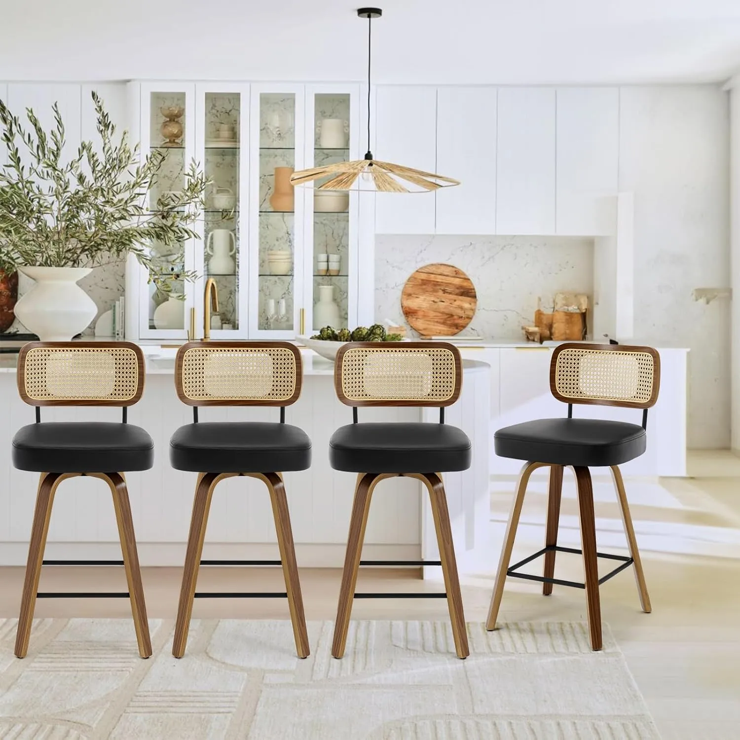 Swivel Counter Height Bar Stools Set of 4, Upholstered Faux Leather Barstools with Rattan Back, 26" Seat Height Bar Chairs for Kitchen Island, Bentwood Wood Frame, Black