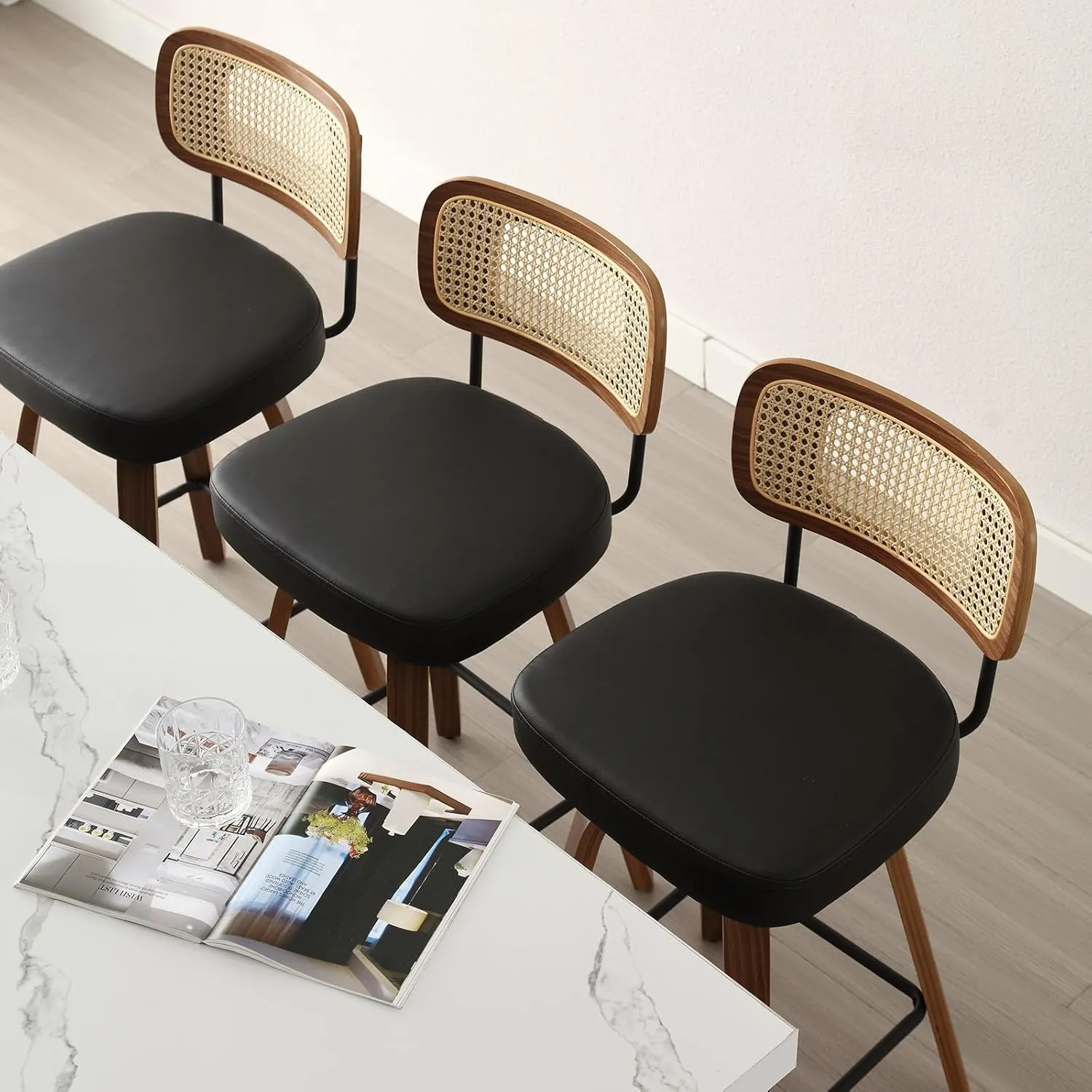 Swivel Counter Height Bar Stools Set of 4, Upholstered Faux Leather Barstools with Rattan Back, 26" Seat Height Bar Chairs for Kitchen Island, Bentwood Wood Frame, Black