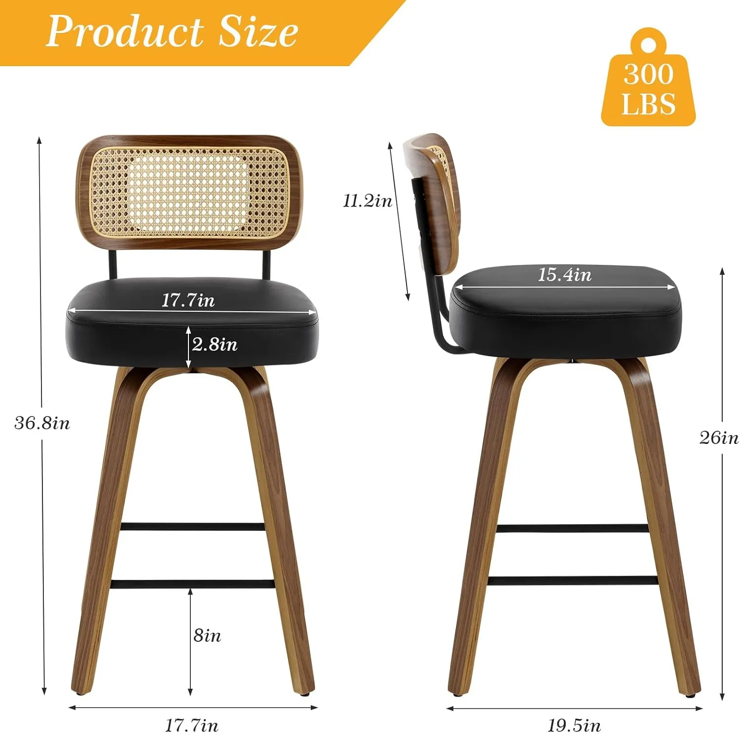 Swivel Counter Height Bar Stools Set of 4, Upholstered Faux Leather Barstools with Rattan Back, 26" Seat Height Bar Chairs for Kitchen Island, Bentwood Wood Frame, Black