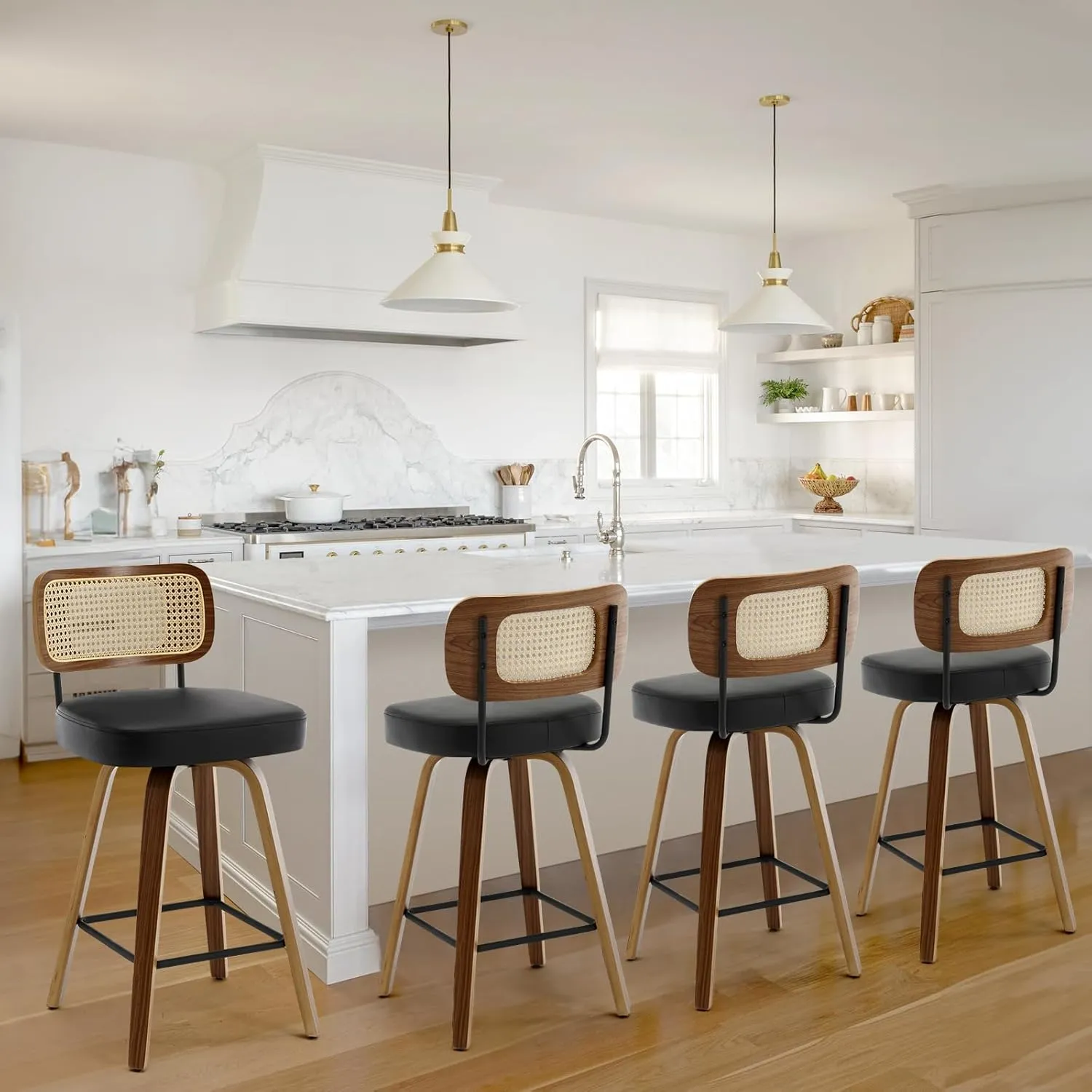 Swivel Counter Height Bar Stools Set of 4, Upholstered Faux Leather Barstools with Rattan Back, 26" Seat Height Bar Chairs for Kitchen Island, Bentwood Wood Frame, Black