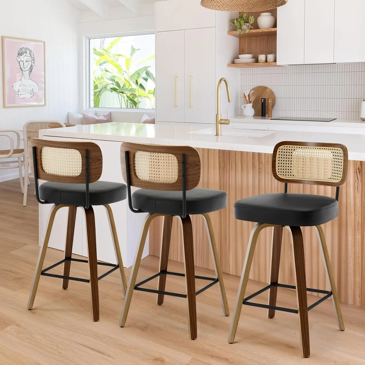 Swivel Counter Height Bar Stools Set of 4, Upholstered Faux Leather Barstools with Rattan Back, 26" Seat Height Bar Chairs for Kitchen Island, Bentwood Wood Frame, Black
