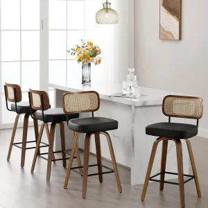 Swivel Counter Height Bar Stools Set of 4, Upholstered Faux Leather Barstools with Rattan Back, 26" Seat Height Bar Chairs for Kitchen Island, Bentwood Wood Frame, Black