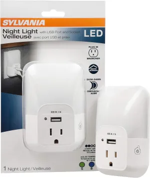 SYLVANIA LED Night Light with USB Port and Socket, 3-Color Select, Frosted, 3000K, 5 Lumens, Cool White - 1 Pack (64991)