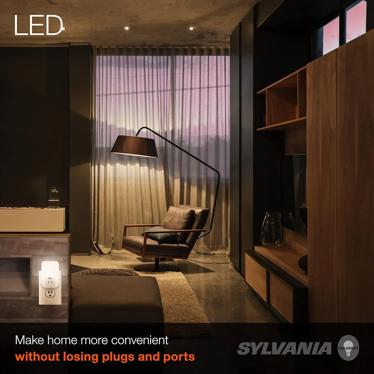 SYLVANIA LED Night Light with USB Port and Socket, 3-Color Select, Frosted, 3000K, 5 Lumens, Cool White - 1 Pack (64991)