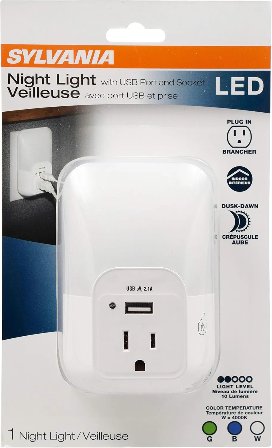 SYLVANIA LED Night Light with USB Port and Socket, 3-Color Select, Frosted, 3000K, 5 Lumens, Cool White - 1 Pack (64991)