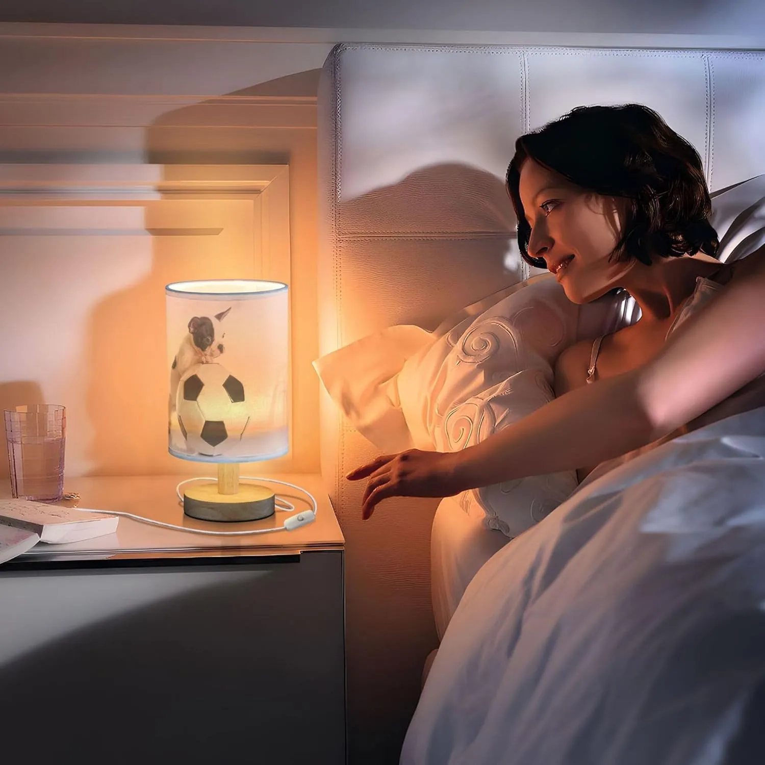 Table Lamp French Bulldog Puppy Dog Football Soccer Ball Nightstand Lamp with Wood Base Fabric Lamp Shade Bedside Desk Lamp for Living Room Bedroom Kids Room Office
