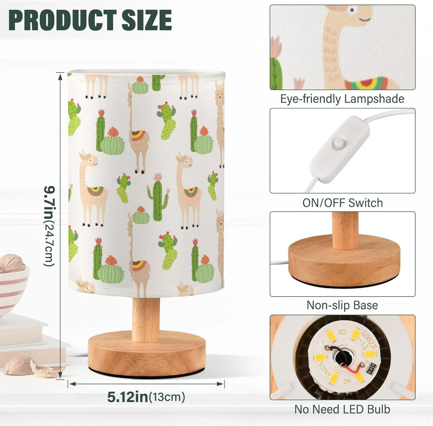 Table Lamp Llamas and Cactus Pattern Nightstand Lamp with Wood Base Fabric Lamp Shade Bedside Desk Lamp for Living Room Bedroom Kids Room Office