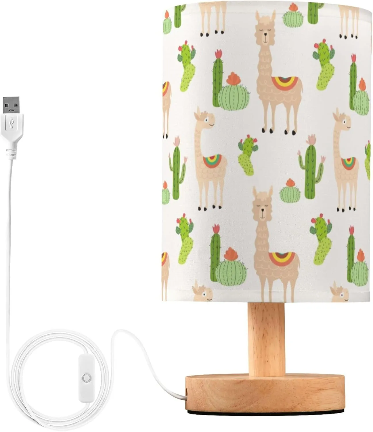 Table Lamp Llamas and Cactus Pattern Nightstand Lamp with Wood Base Fabric Lamp Shade Bedside Desk Lamp for Living Room Bedroom Kids Room Office