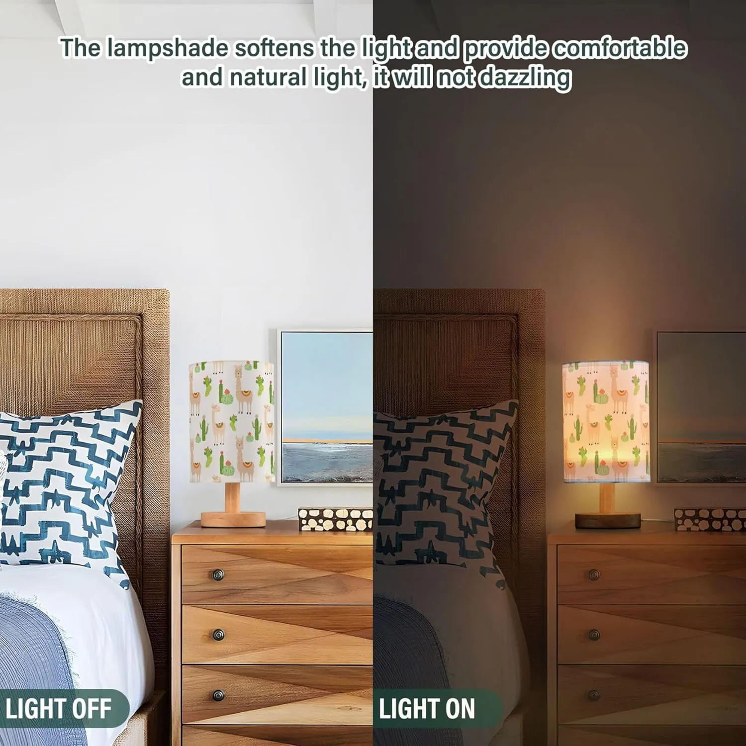 Table Lamp Llamas and Cactus Pattern Nightstand Lamp with Wood Base Fabric Lamp Shade Bedside Desk Lamp for Living Room Bedroom Kids Room Office