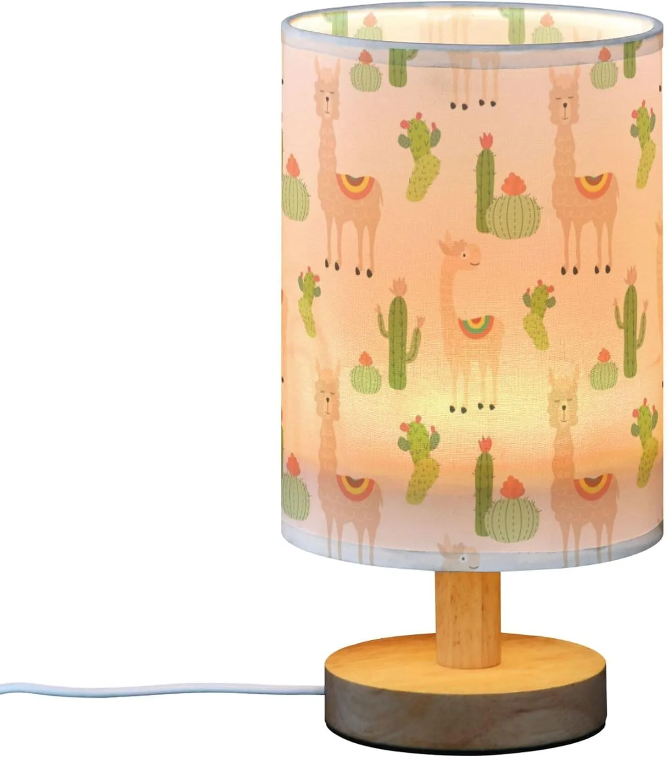 Table Lamp Llamas and Cactus Pattern Nightstand Lamp with Wood Base Fabric Lamp Shade Bedside Desk Lamp for Living Room Bedroom Kids Room Office